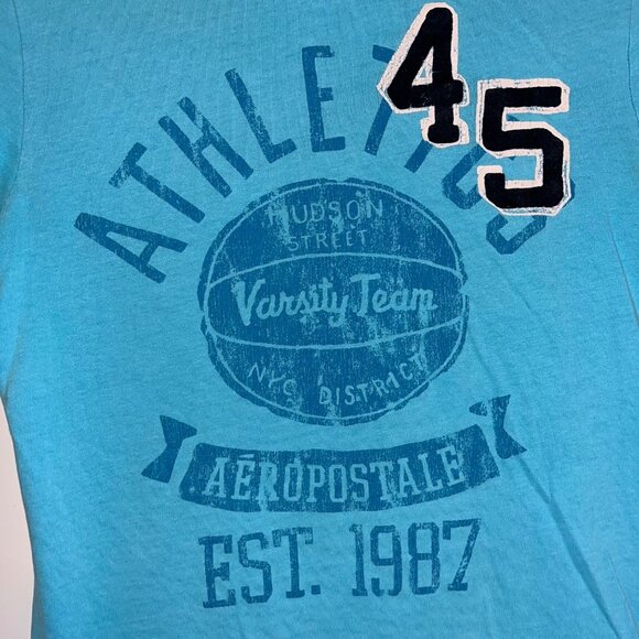 Aeropostale Varsity Team Graphic T-Shirt S/P Turquoise Cotton - Picture 2 of 10